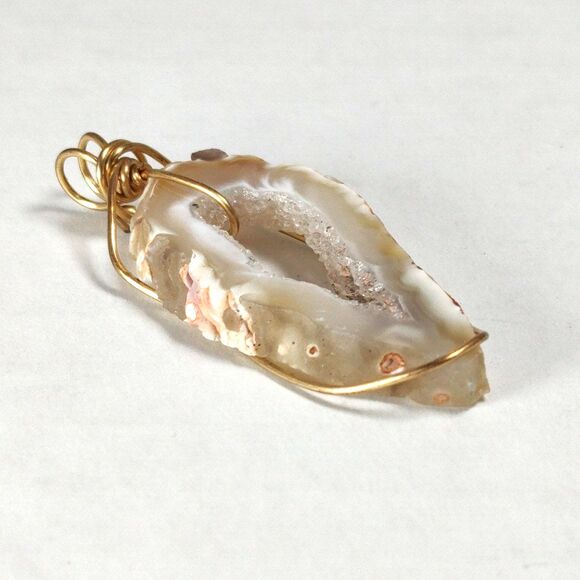 Gold Tone Wire Wrapped Agate Natural Raw Geode Druzy Sliced Stone Pendant Boho - Picture 7 of 16